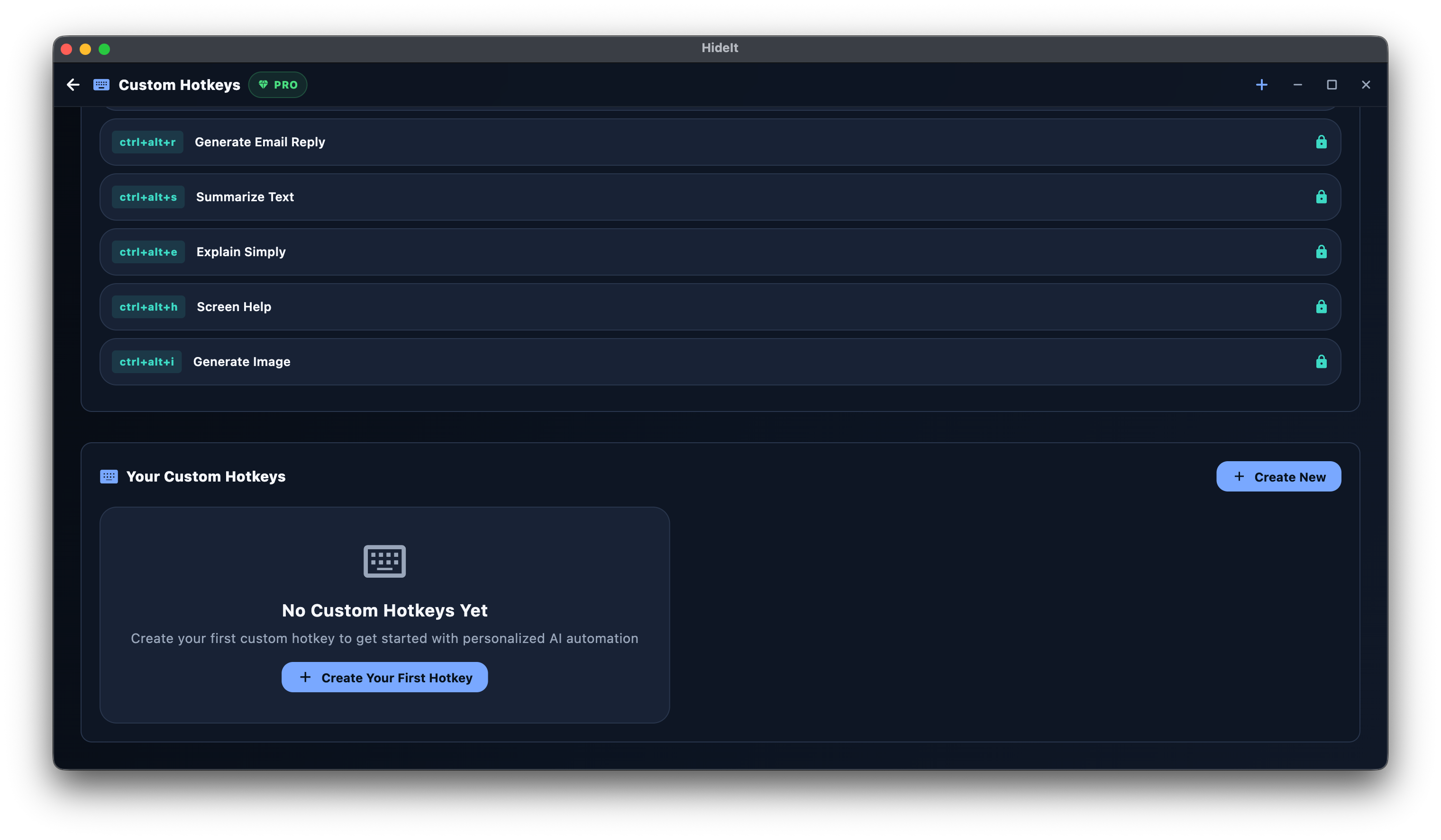 Custom hotkeys page in Settings